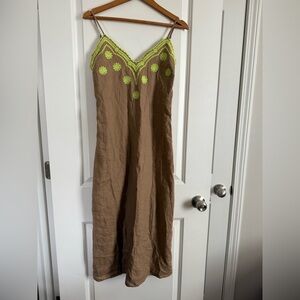 Zara Women 100% Linen Maxi Sundress Lime Neon Green Eyelets Embroidery Size S